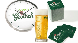 Tijd voor Grolsch pakket: wandklok, master glas en biervilten