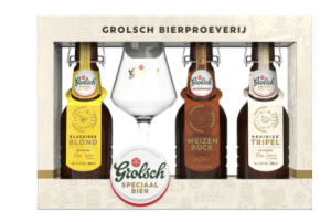 Grolsch bierproeverij pakket met fles Grolsch blond, tripel, weizenbock en bijbehorend speciaalbierglas